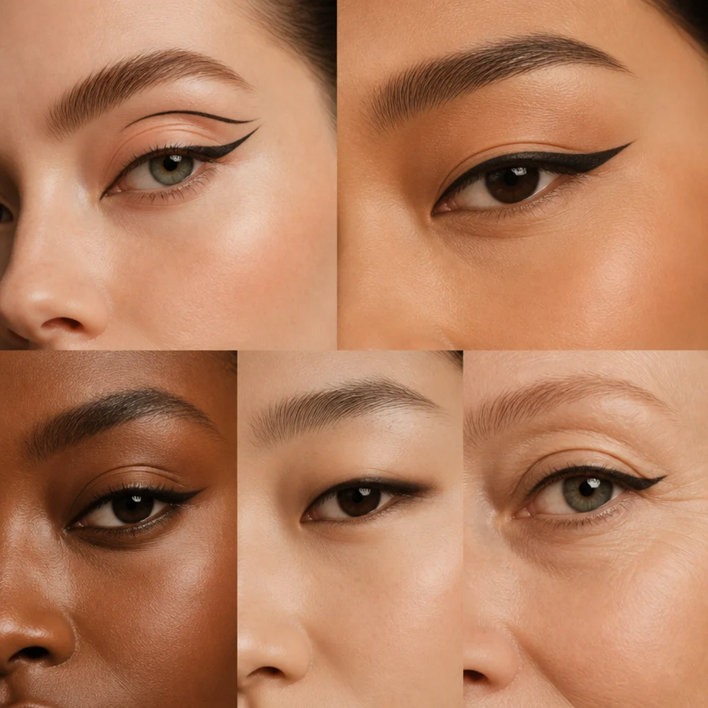 Editorial flat-lay grid of five models showing eyeliner shapes mapped to hooded, almond, round, monolid and downturned eyes