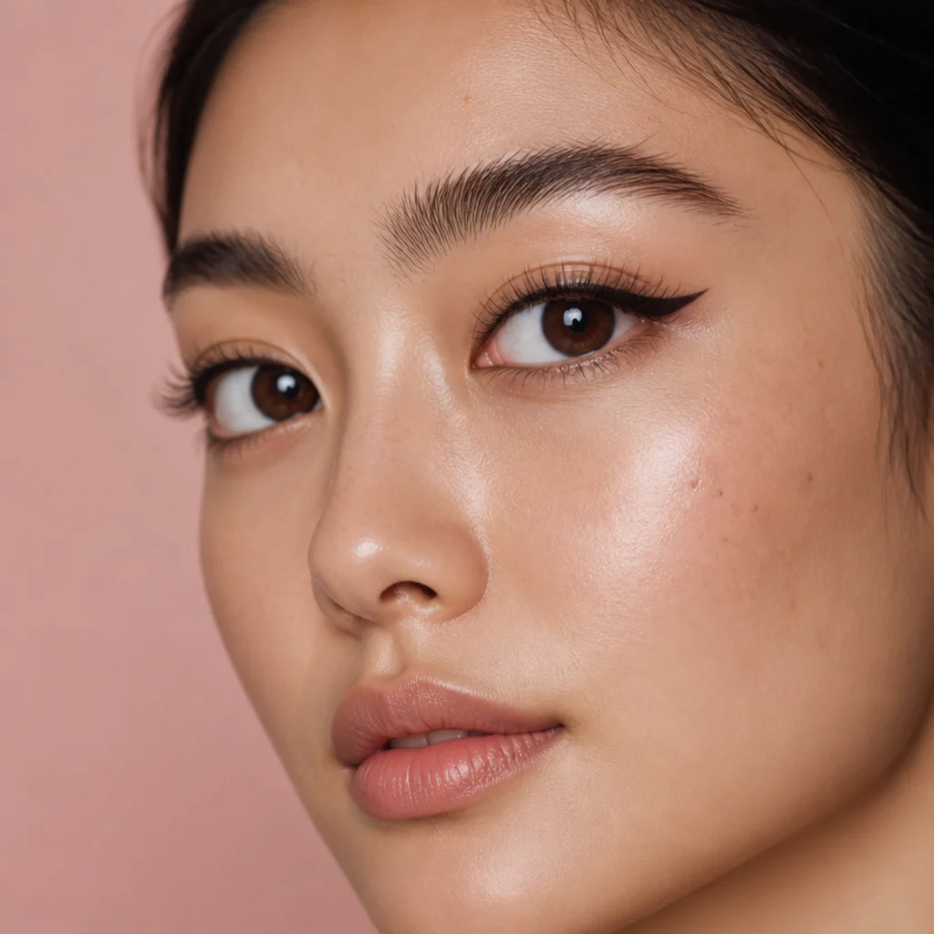Round eyes wearing a cat-eye flare lash with short neat inner fibers ramping to dramatically longer outer-corner length for horizontal lift