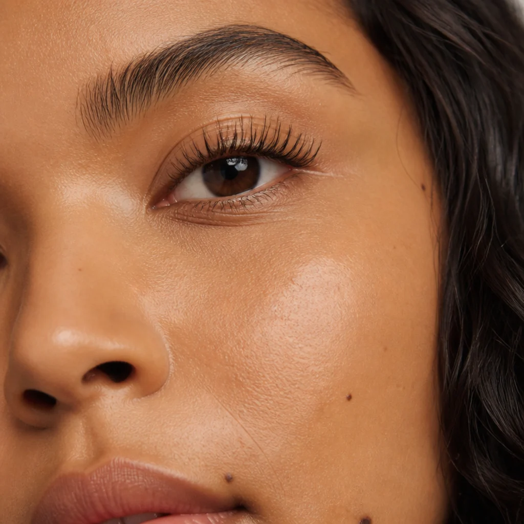 Neutral everyday wispy lashes with mixed lengths, deliberate gaps, and tapered spikes on medium-tan skin for a soft natural finish
