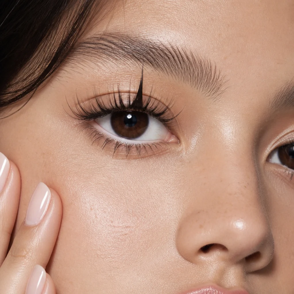 Close-up of a dramatic manga lash with a single long spike over the center of the pupil creating a wide doe-eyed effect
