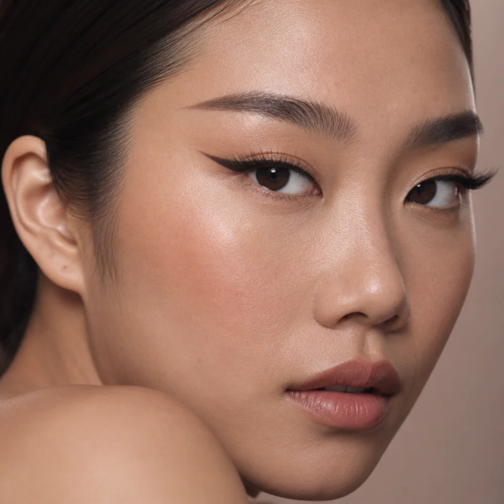 Fox-eye lash with sleek elongated outer fibers and a lifted straight tail, paired with a sharp straight liner flick toward the temple