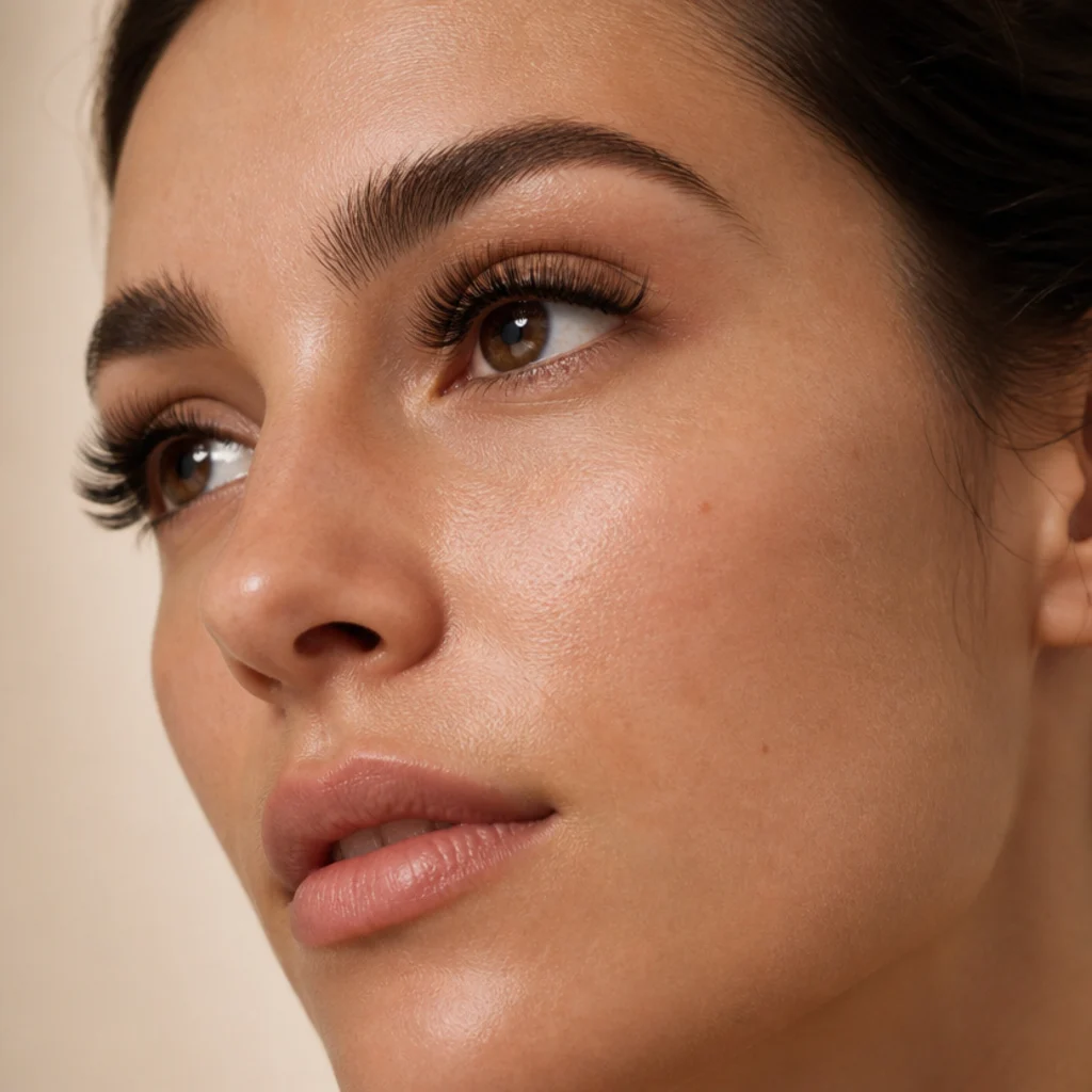 Deep-set eyes wearing fluttery full-volume lashes with a strong forward curl that brings the fringe out of the brow-bone shadow