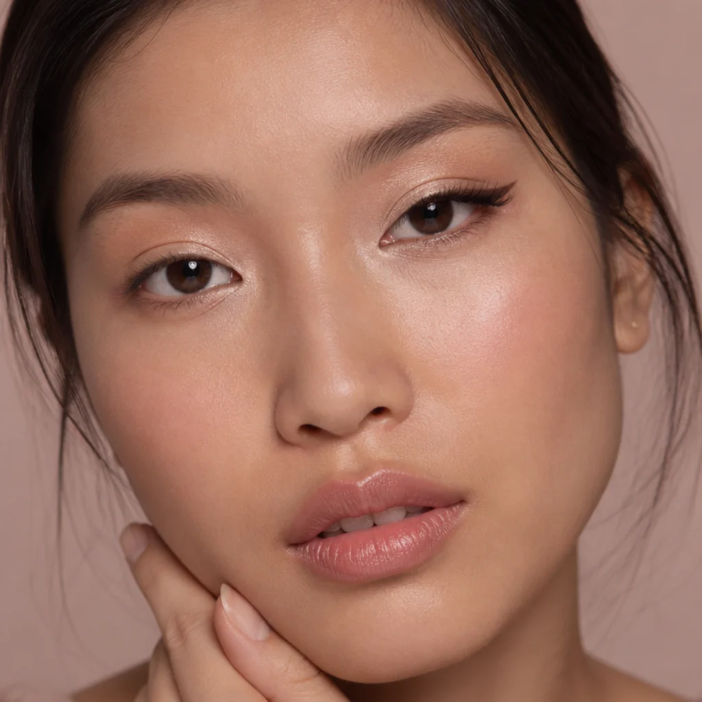 Close-set eyes with half lashes applied only on the outer half of the lid, drawing width and focus toward the temples