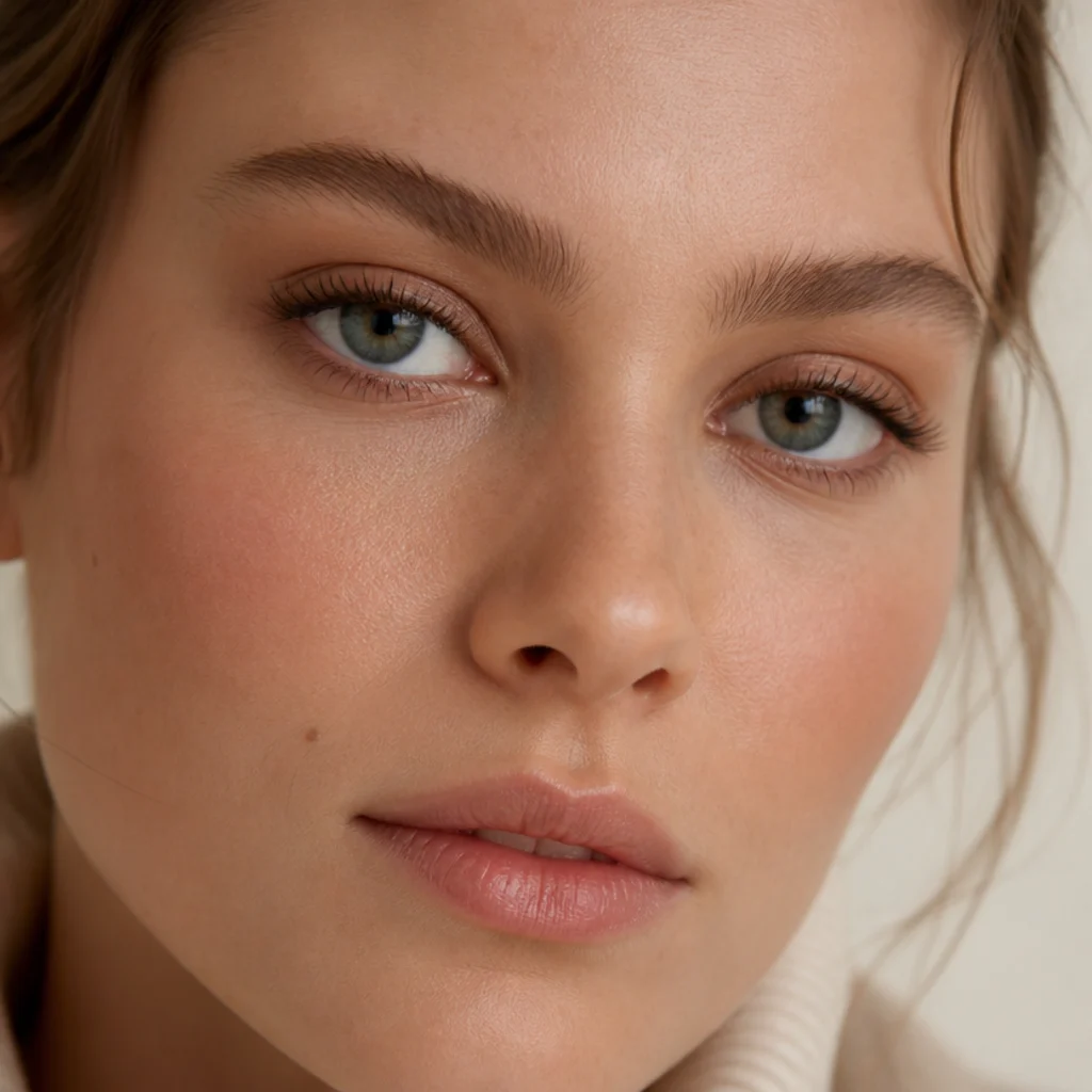 Wide-set eyes with a rounded doe lash carrying length at the inner and central lash line to visually pull the eyes closer together