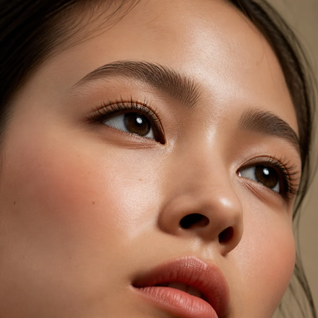 Upturned eyes wearing a textured kitten lash with soft medium length and a gentle outer lift that echoes the natural upward tilt