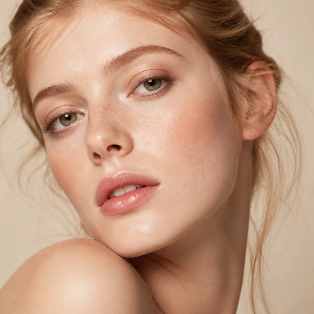Light-haired model with pale skin wearing a soft brown lash for gentle low-contrast definition that suits fair coloring