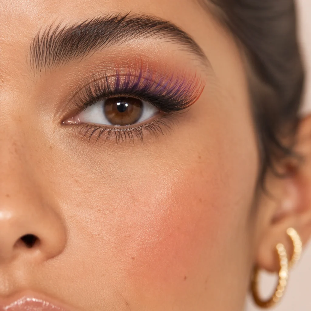 Close-up of lashes tipped in soft copper and violet at the ends, adding a subtle pop of color that flashes on brown eyes in the light