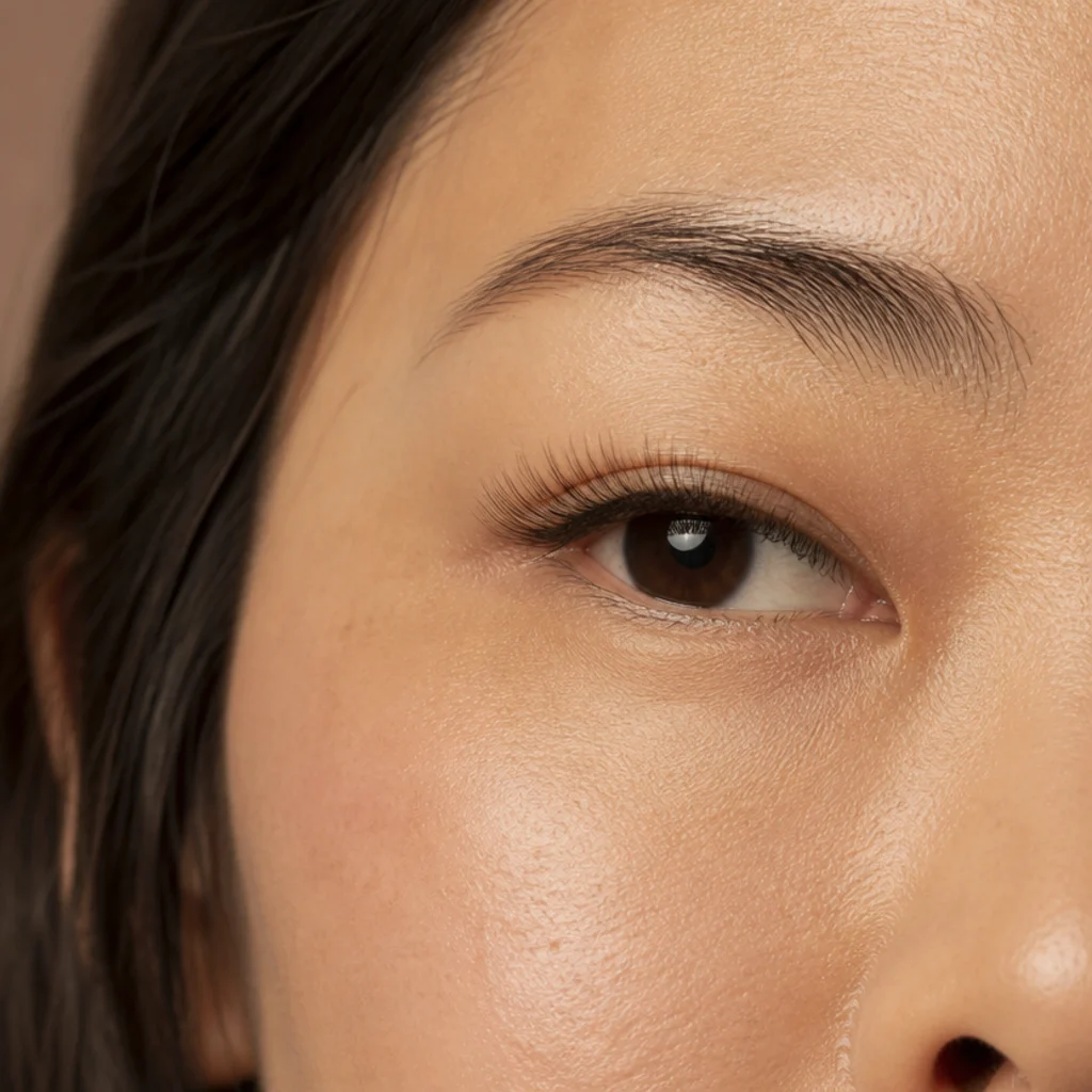 Extreme close-up of an L-curl lash extension rising almost straight from the base then curling, engineered to clear a hooded lid