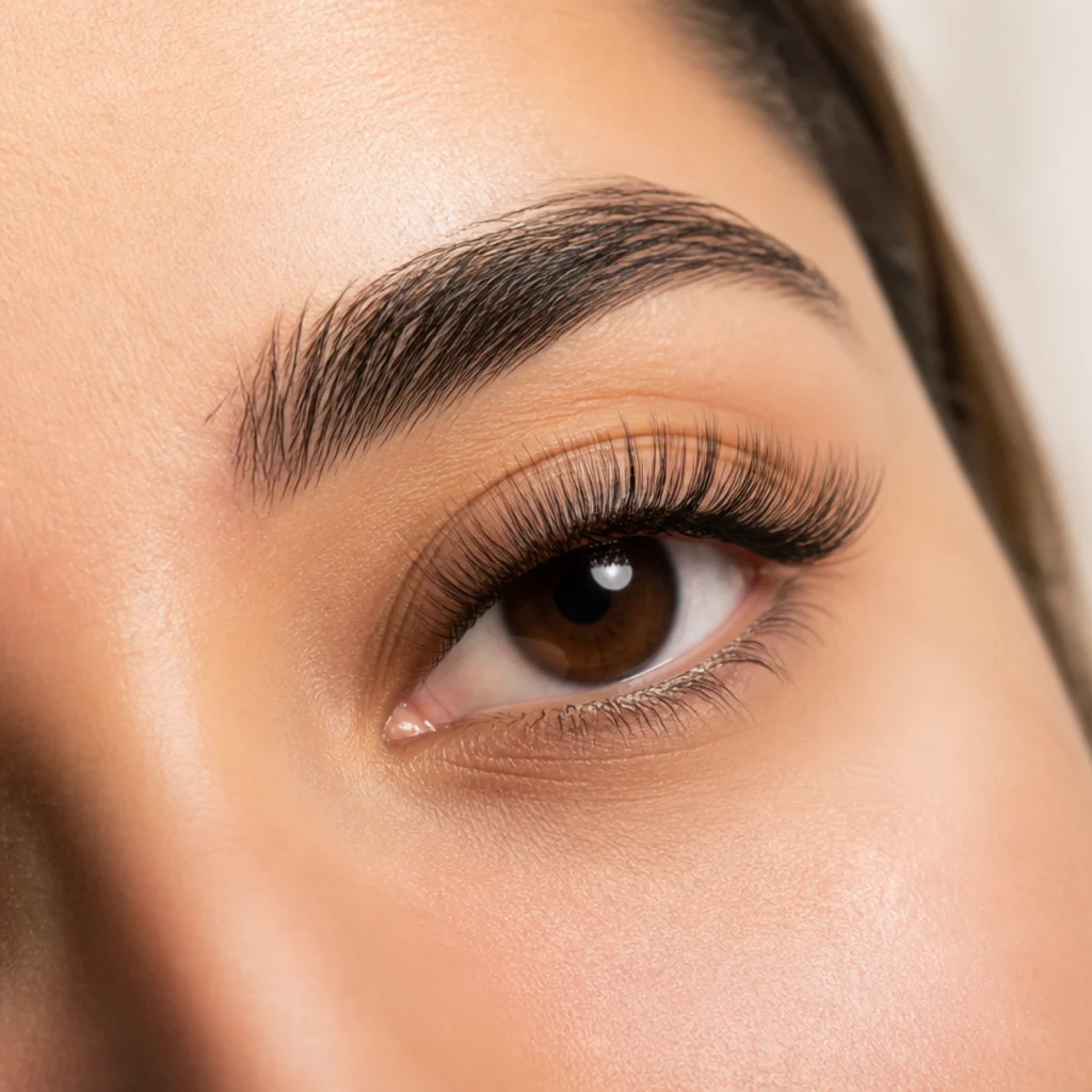 Hybrid lash set mixing individual classic lashes with lightweight volume fans for textured, full-but-not-solid density