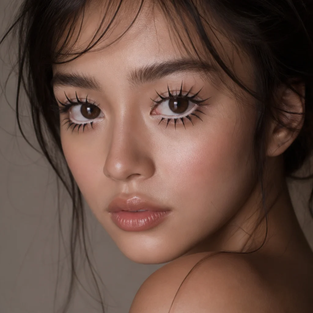 Round eyes styled with anime doll spikes, evenly spaced clusters of long spikes with visible gaps for a graphic cartoon frame