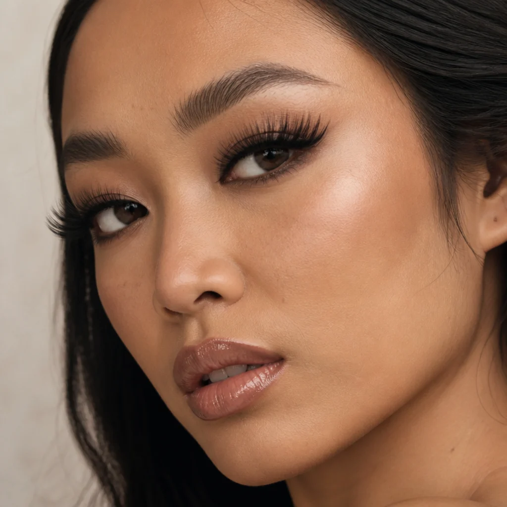 Full wispy mega-volume lashes with layered lengths and feathered spikes for a red-carpet special-occasion look