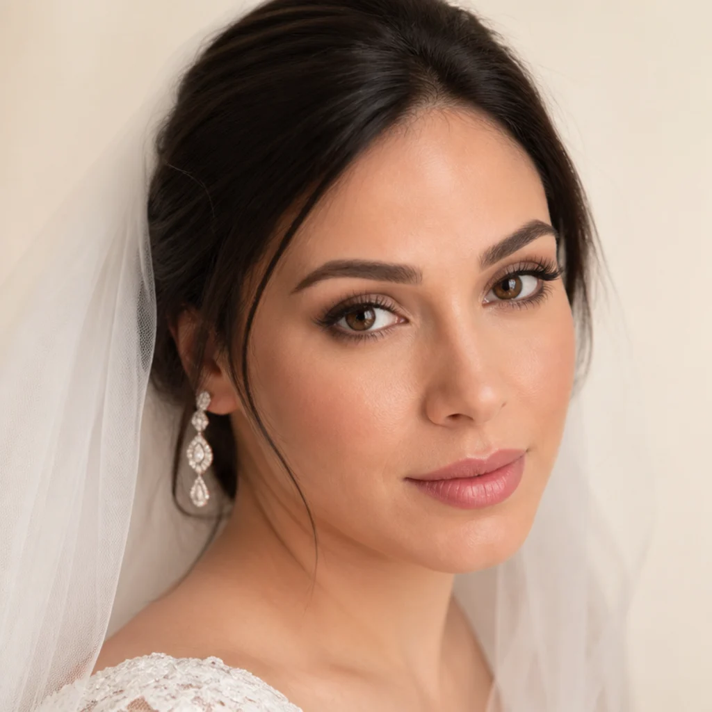 Bridal soft feathered natural lash on a veiled model, delicate tapered fibers for a classic wedding look
