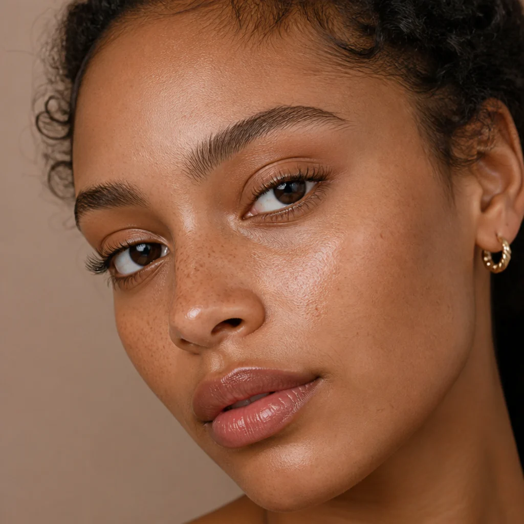 Bare lashes coated in lengthening mascara for a fluffy natural finish with no falsies, on medium-brown skin
