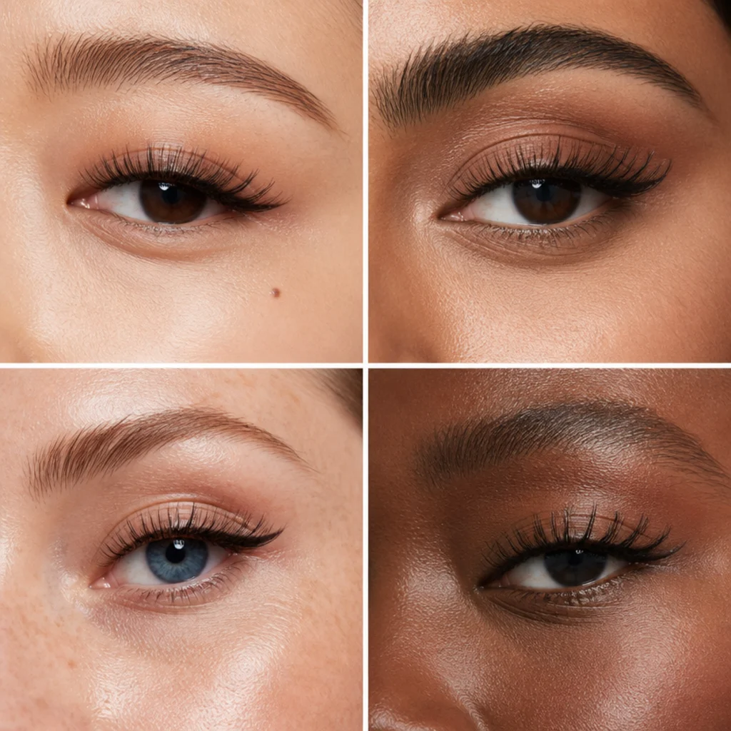 Editorial close-up grid of diverse models showing different lash styles matched to hooded, almond, round, and monolid eye shapes