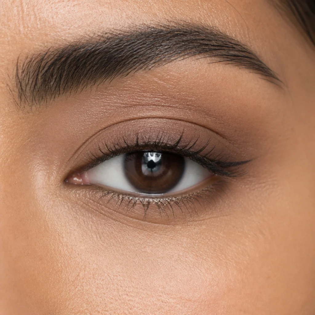 Close crop of an almond-shaped brown eye with soft taupe crease shadow and a thin defined upper lash line