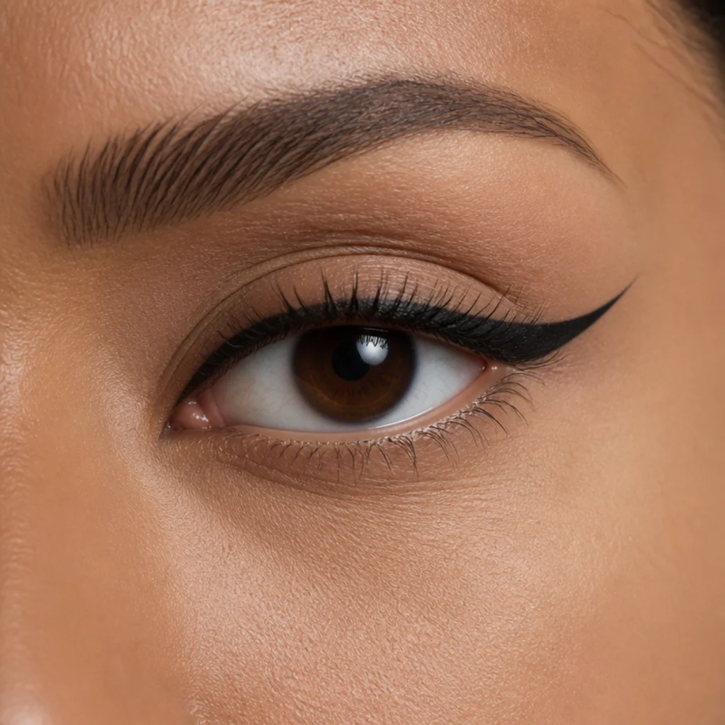 Round eye with a lifted black winged liner extended outward to lengthen the overall eye shape