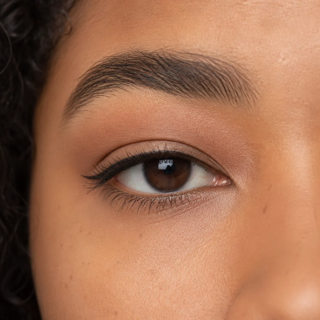 Hooded eye with transition shadow blended above the natural crease so color stays visible when the eye is open