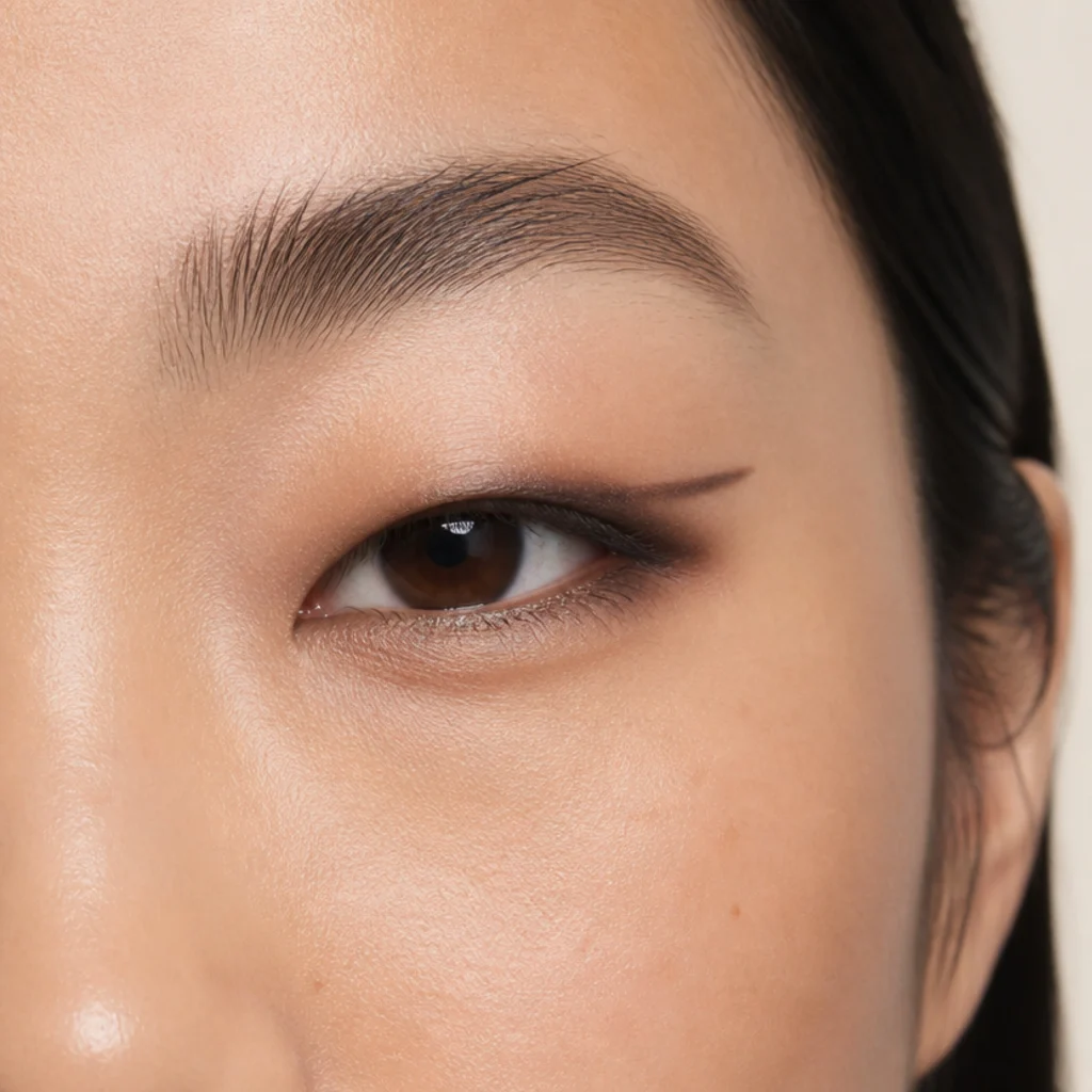 Monolid eye with a smoky gradient blended from the lash line upward and a floating liner wing that shows when the eye is open