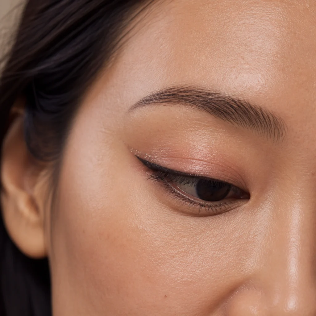 Downturned eye with a strong upward winged liner lifting the outer corner for a brighter, more awake look