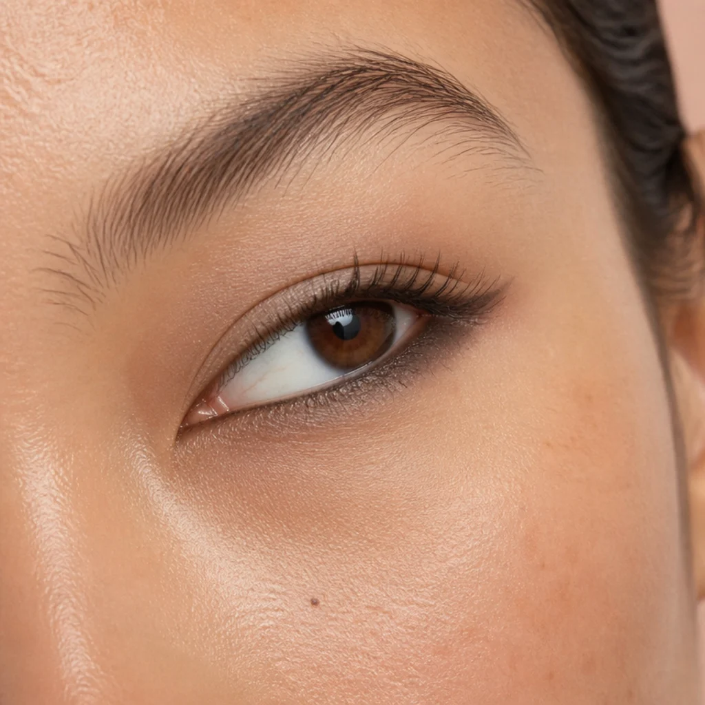 Upturned eye with a softly smoked lower lash line balancing the natural upward tilt
