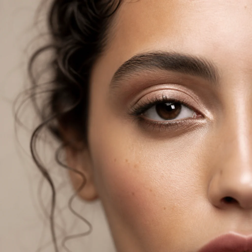 Deep-set eye with a light luminous lid shade bringing the eye forward and soft, blended crease definition