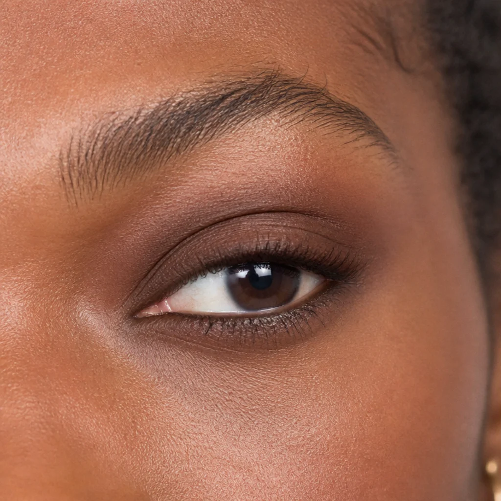Prominent rounded eye with matte medium-brown shadow blended over the full lid to visually recede the fullness
