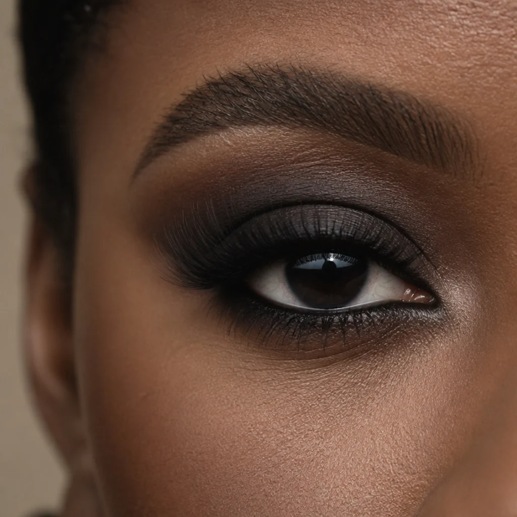 Large expressive eye with a fully blended smoky shadow and dark all-around liner making a bold statement