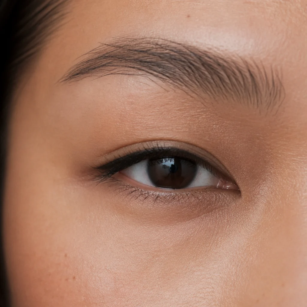 Almond hooded eye with tightlined upper lashes adding definition without reducing visible lid space