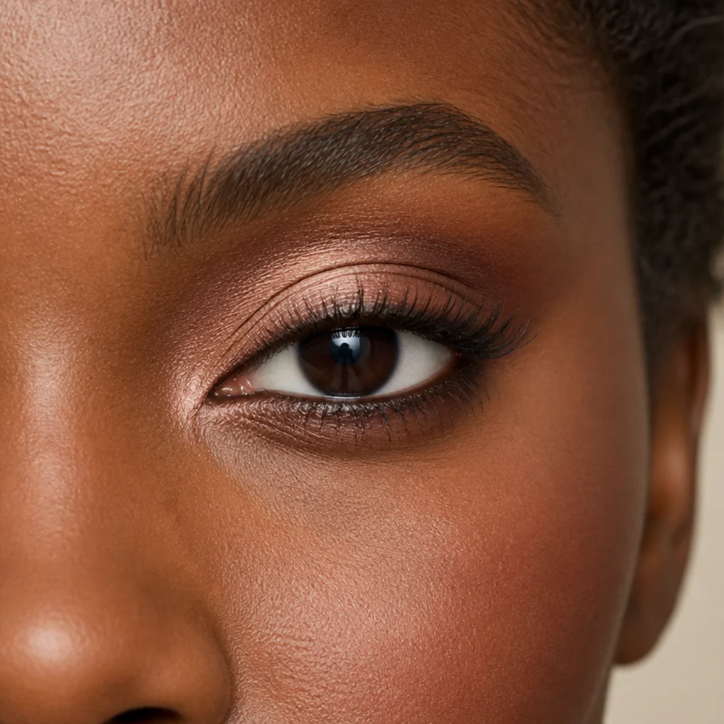 Round downturned eye with a halo of light shimmer at the lid center and lifted, deeper shadow at the outer corner