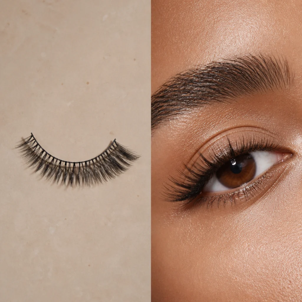 Lash strip laid out showing longer lashes clustered at the outer corner for a cat-eye mapping effect