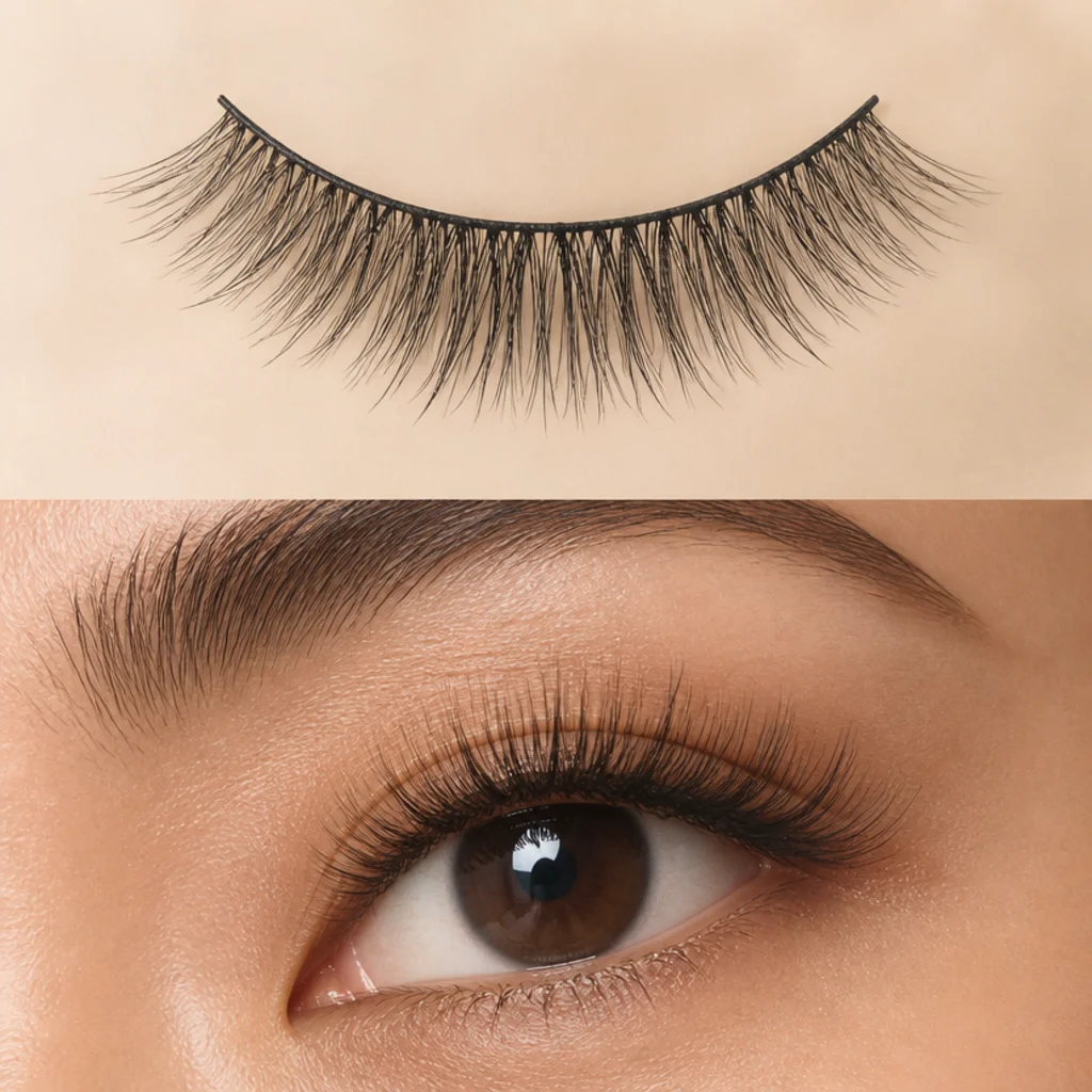 Lash strip with the longest lashes at the center creating a wide, open doll-eye effect
