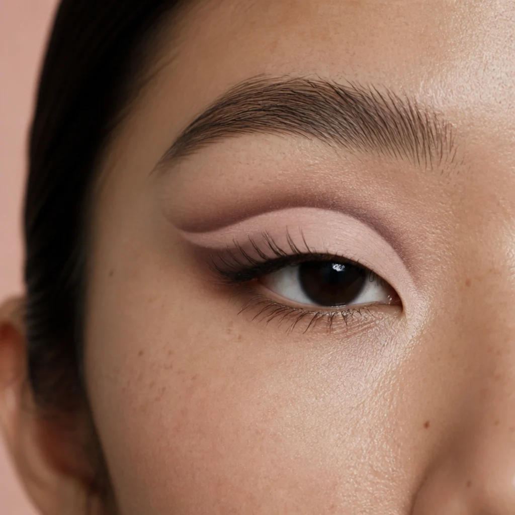 Cut-crease eye makeup with a sharp defined crease line and contrasting lid color built on a monolid