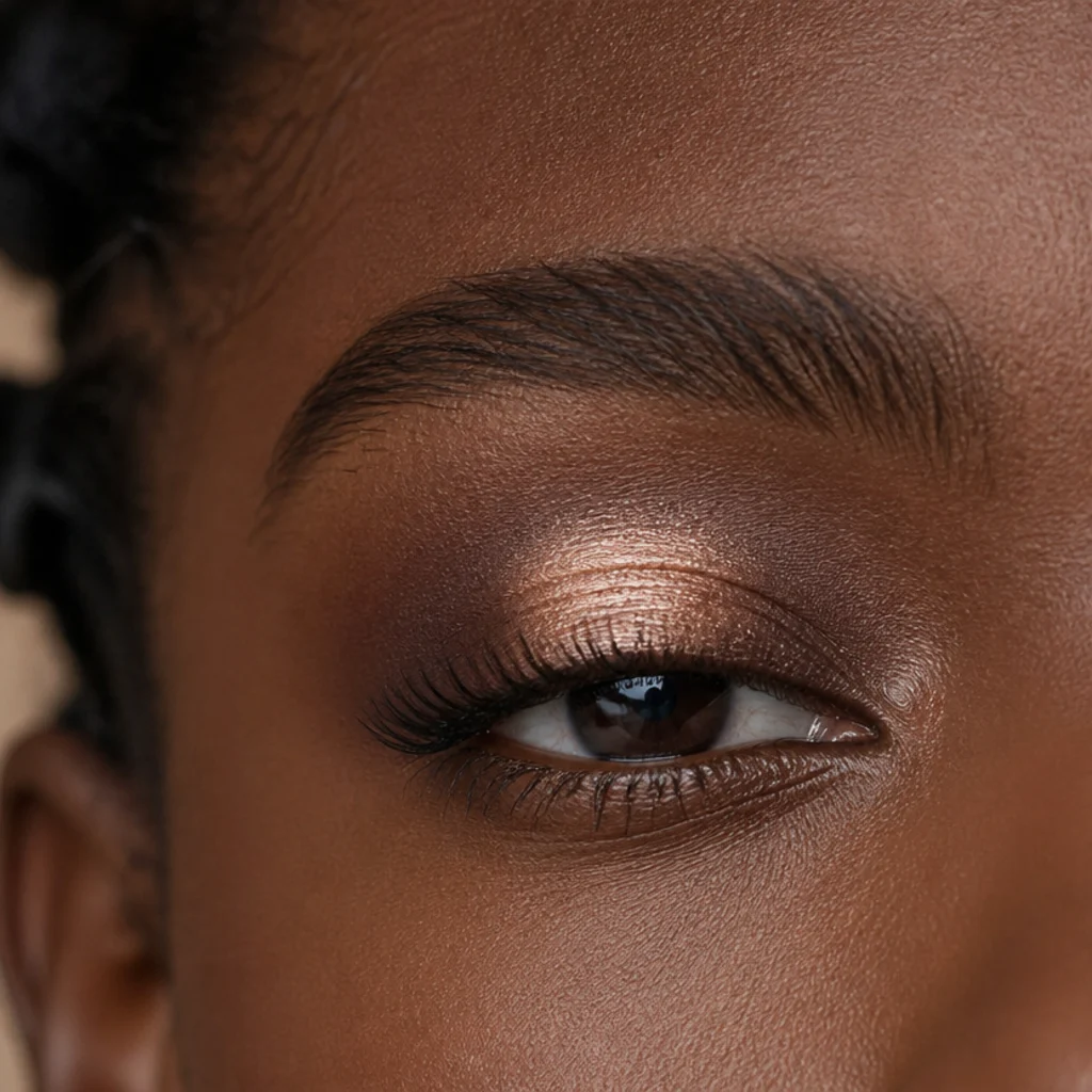 Halo eye makeup with a sparkling light shade at the center of the lid surrounded by deeper blended shadow