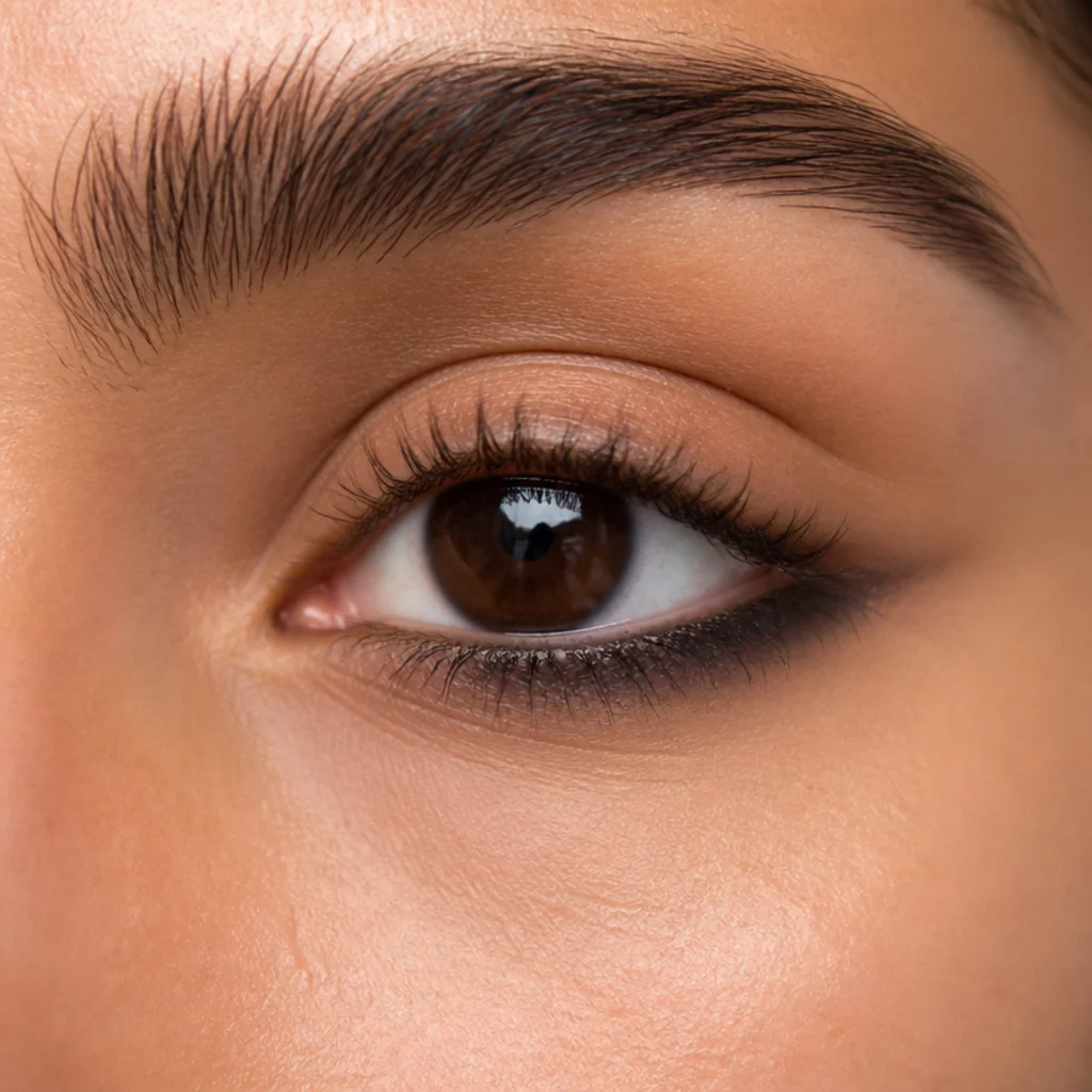 Softly smudged smoky liner along the lower lash line adding balance and definition beneath the eye