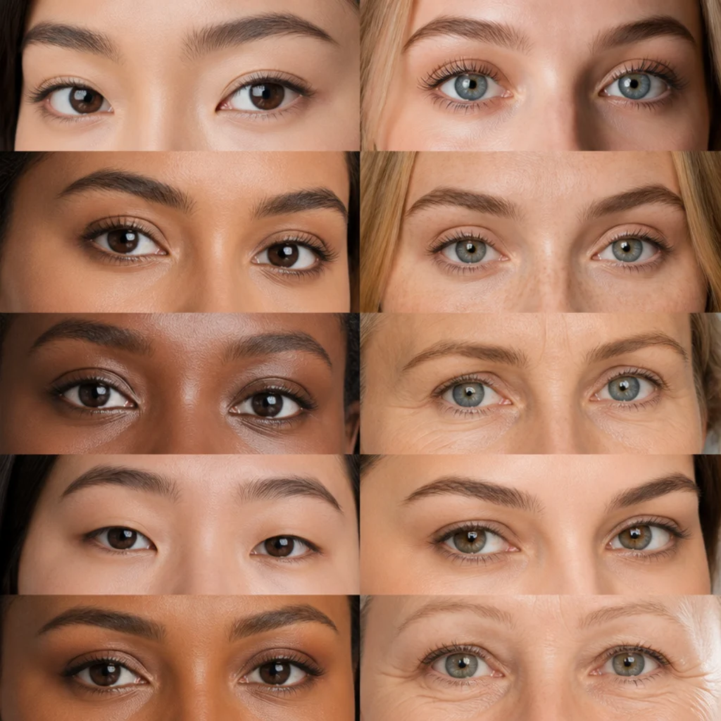 Flat-lay style eye-shapes chart illustrating almond, round, hooded, monolid, and downturned shapes side by side for reference