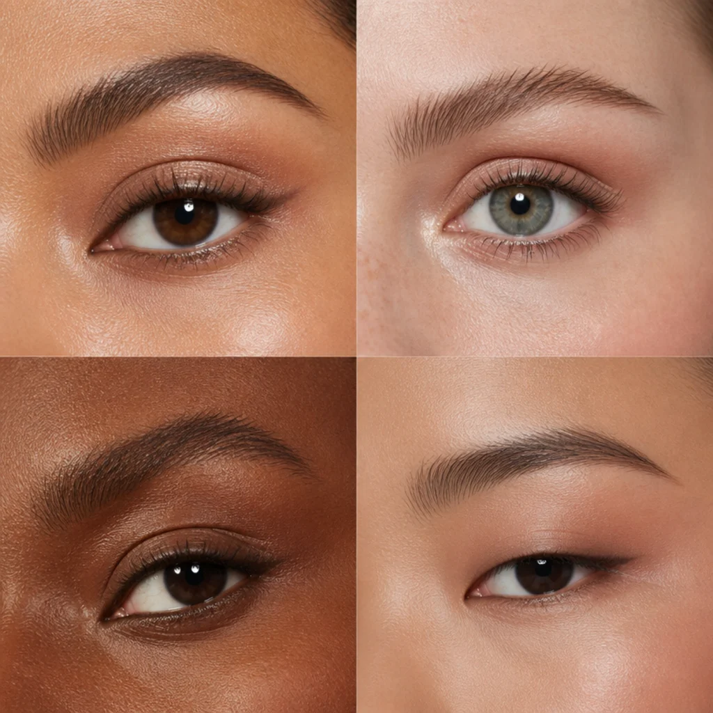 Editorial grid of diverse models showing almond, round, hooded, and monolid eye shapes with flattering eye makeup