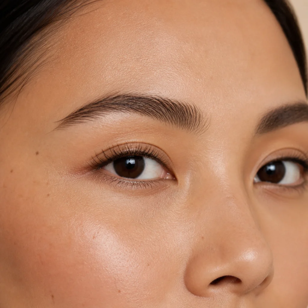 Close crop of almond eyes with a soft brown tightline pressed into the upper lash root, lashes reading lifted and denser, warm ivory background