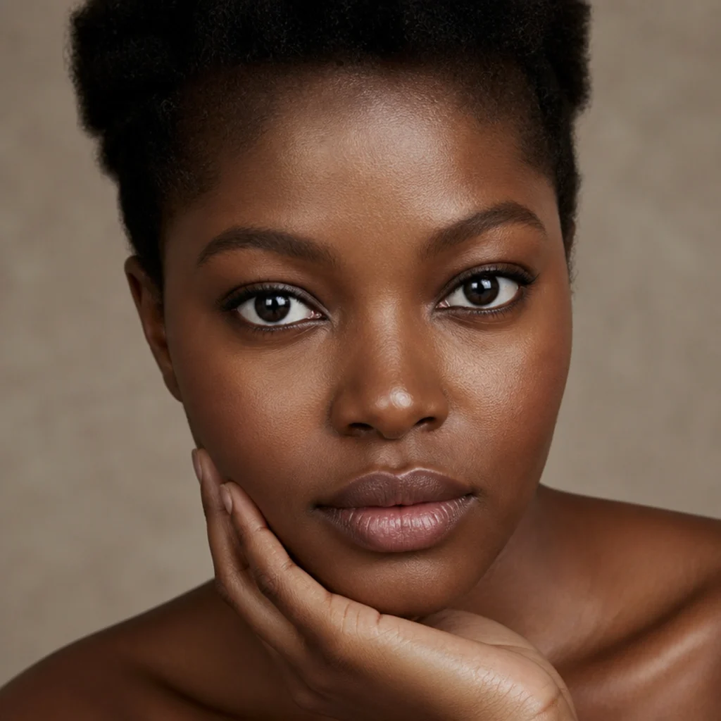 Round eyes with even dark liner tracing the full upper and lower lash line, creating open doe-eyed definition, taupe backdrop