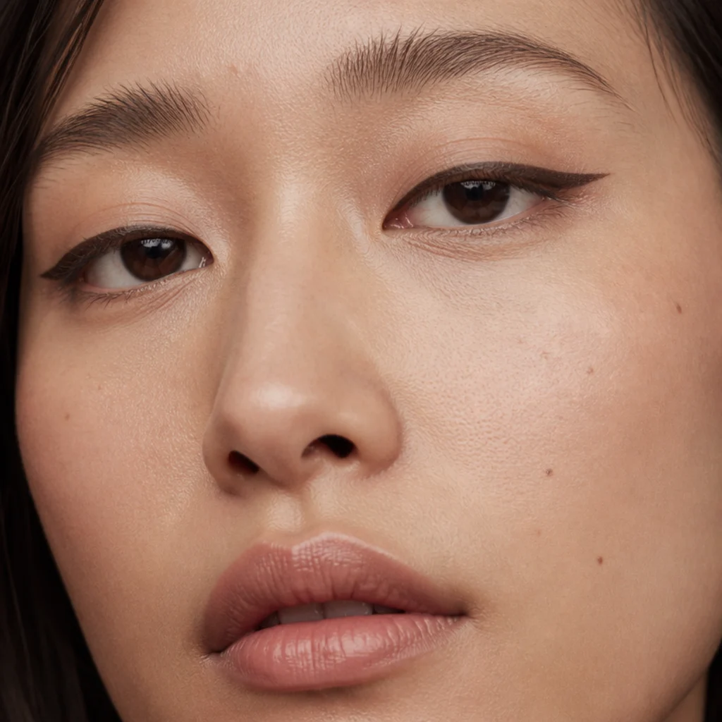 Hooded eyes shown open with liner drawn slightly above the natural crease so definition stays visible when the fold drops, soft studio light