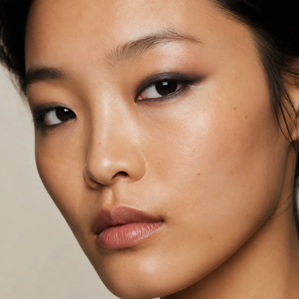 Monolid eyes with a smoked gradient of liner blended upward from the lash line into a soft haze, no visible crease, warm neutral background