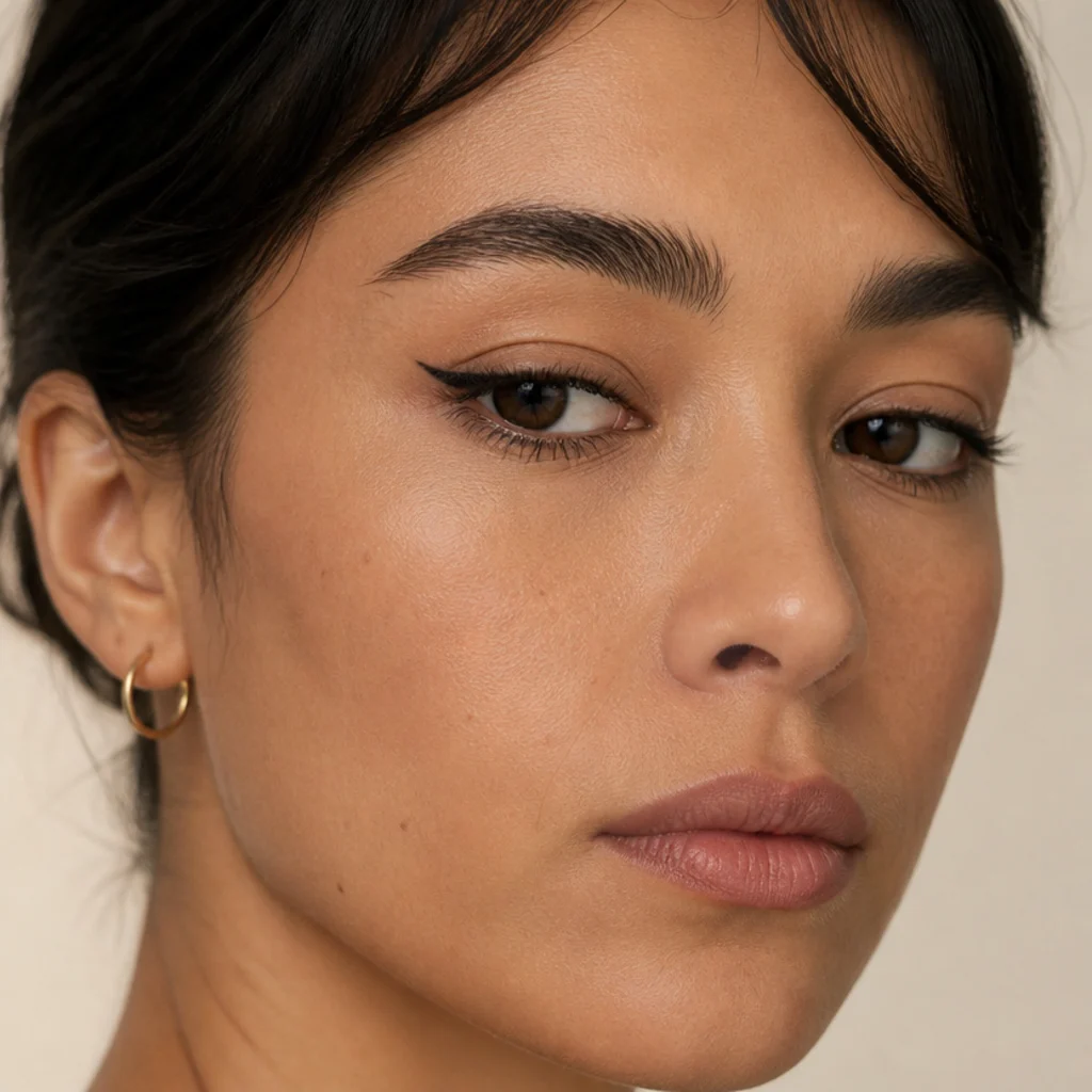 Downturned eyes with a short liner tail angled up from the outer corner toward the brow tail to lift the eye, close crop, ivory background