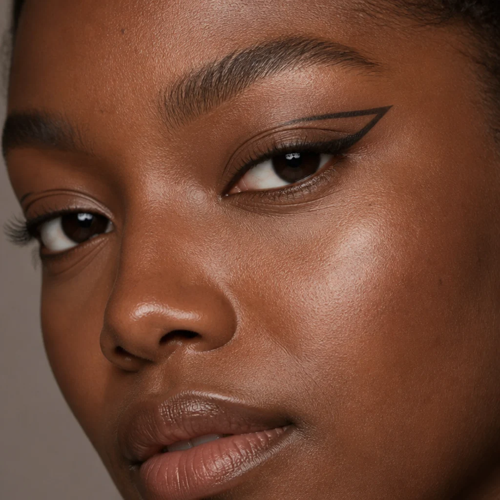 Hooded eyes open with a wing drawn above the hood so the tail floats fully visible, lifted outer corner, taupe backdrop