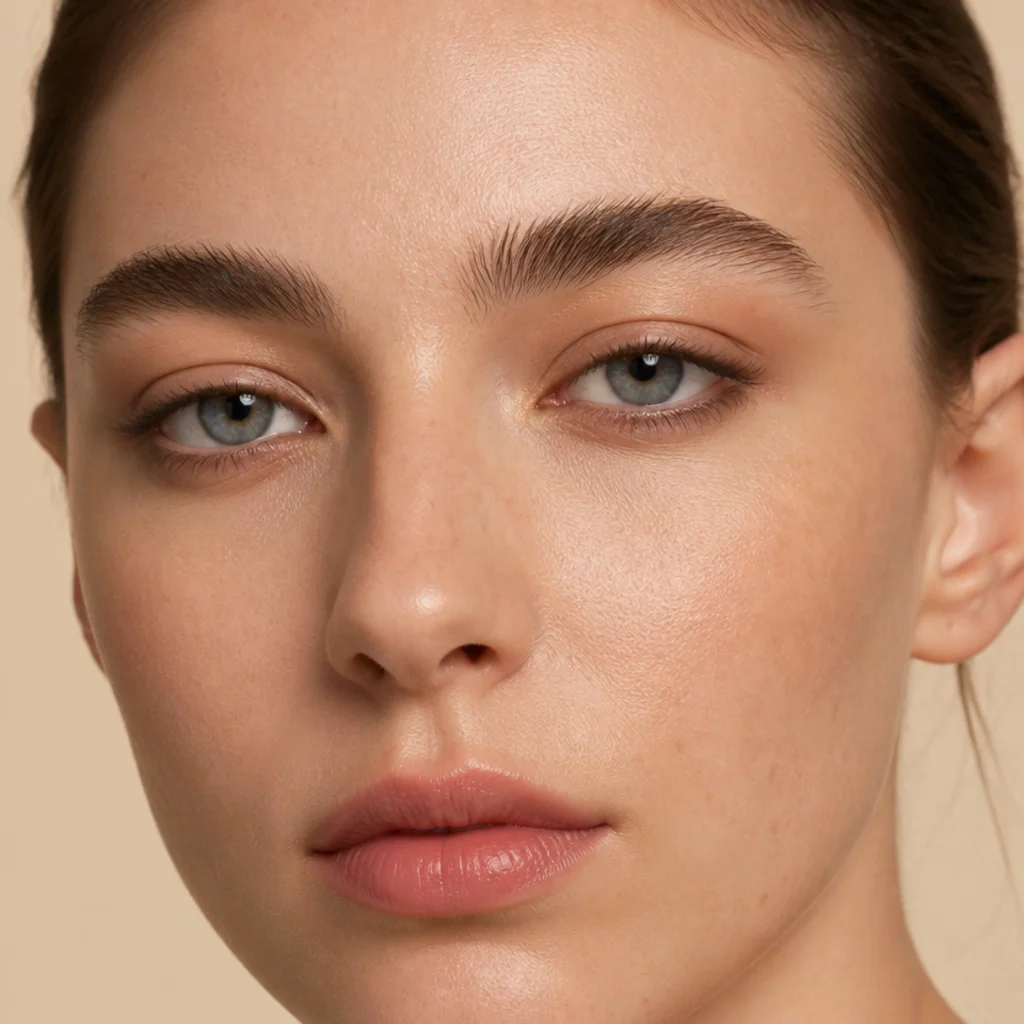 Upturned eyes with soft brown liner smudged along the outer half of the lower lash line to balance the natural upward tilt, warm light