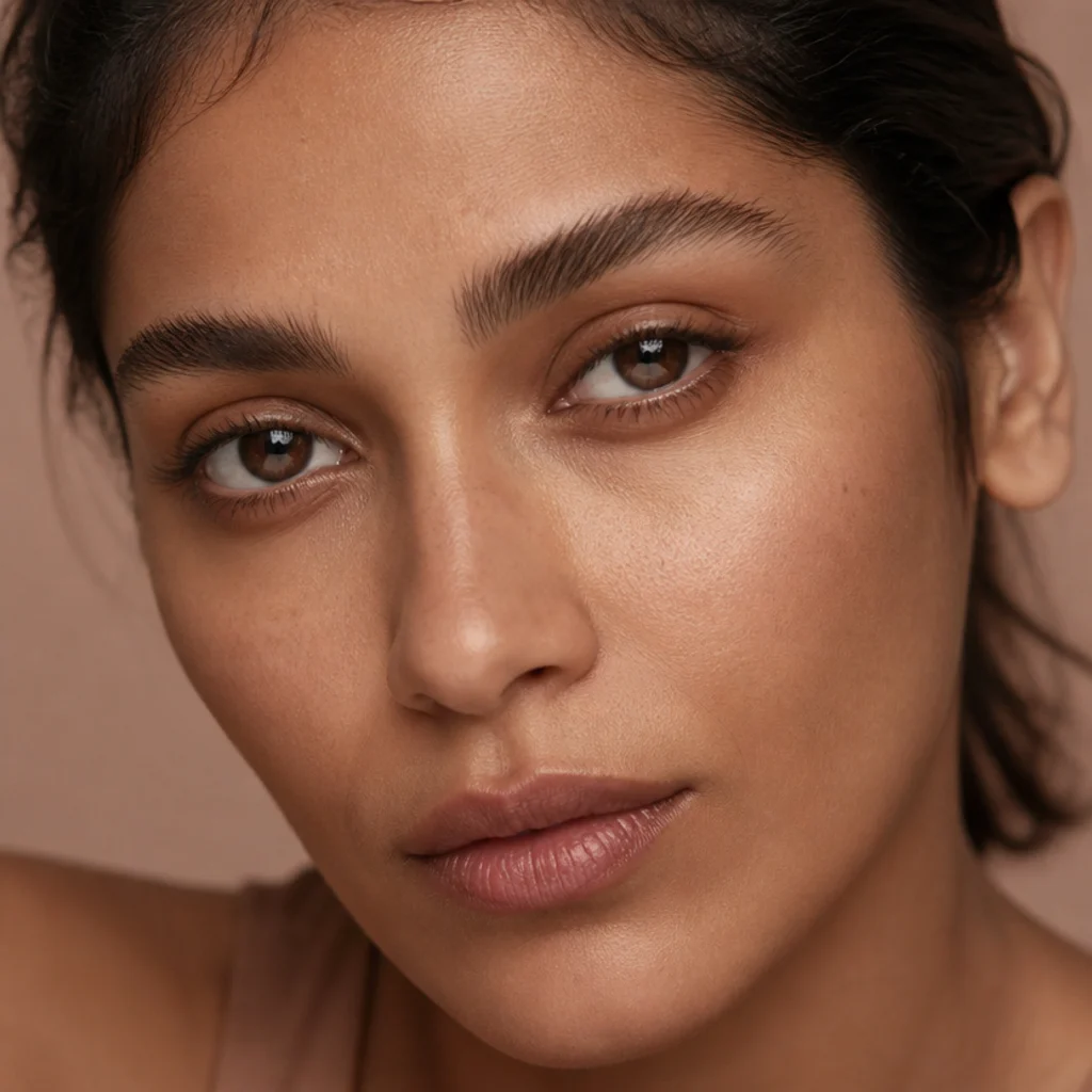 Deep-set eyes with a warm nude waterline and soft medium-tone upper liner bringing the eyes forward out of the brow-bone shadow, close crop, blush background