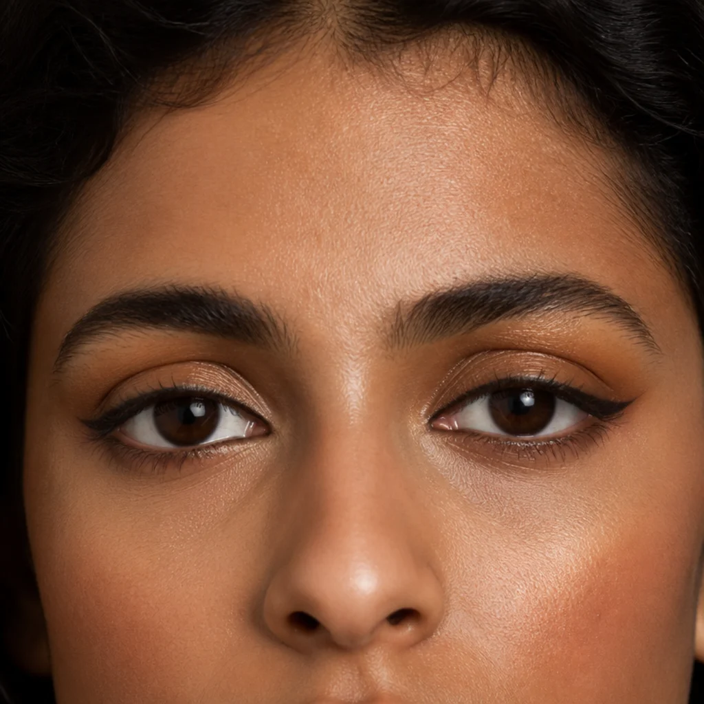 Close-set eyes with liner concentrated on the outer third and a gentle outward wing to widen spacing, inner corners left clean, taupe background