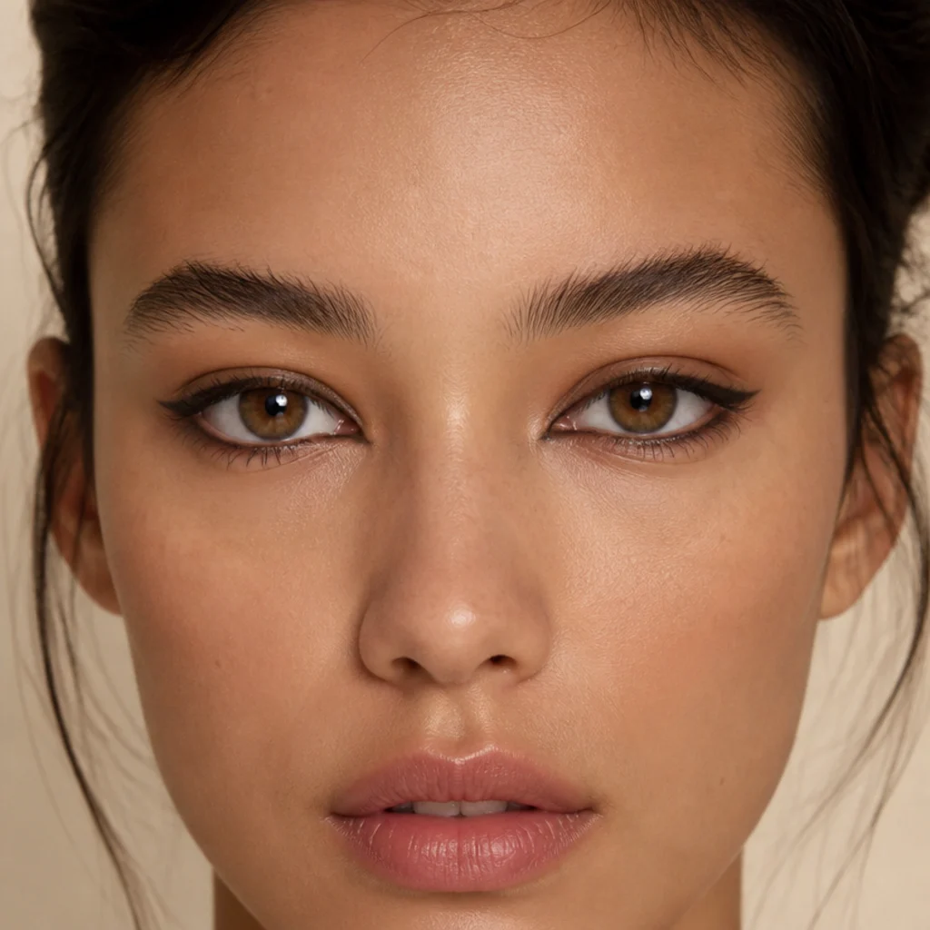 Wide-set eyes with even liner carried into the inner corners to visually reduce spacing, balanced definition, ivory backdrop