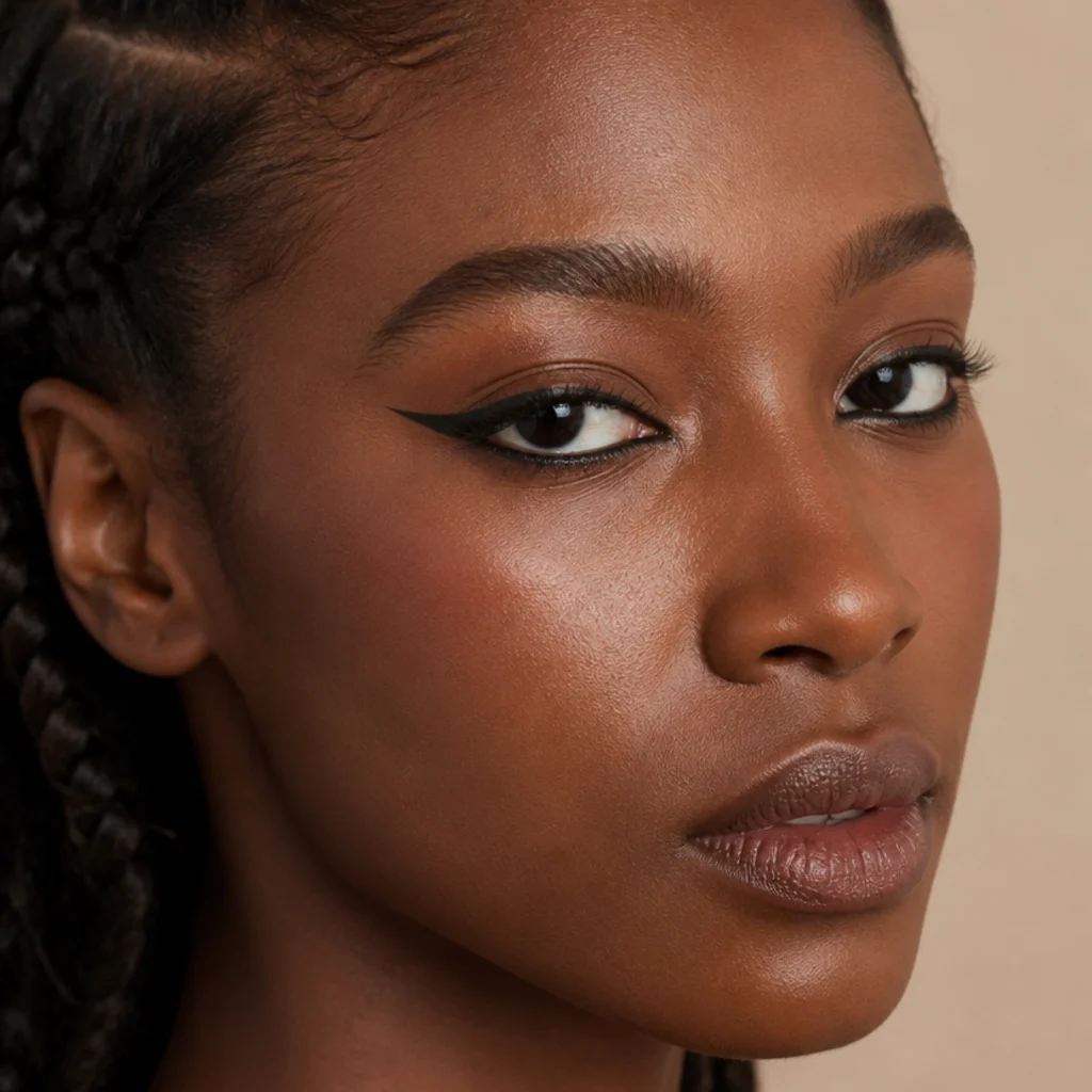 Almond eyes with a crisp classic winged liner following the natural taper, sharp clean tail, warm neutral background
