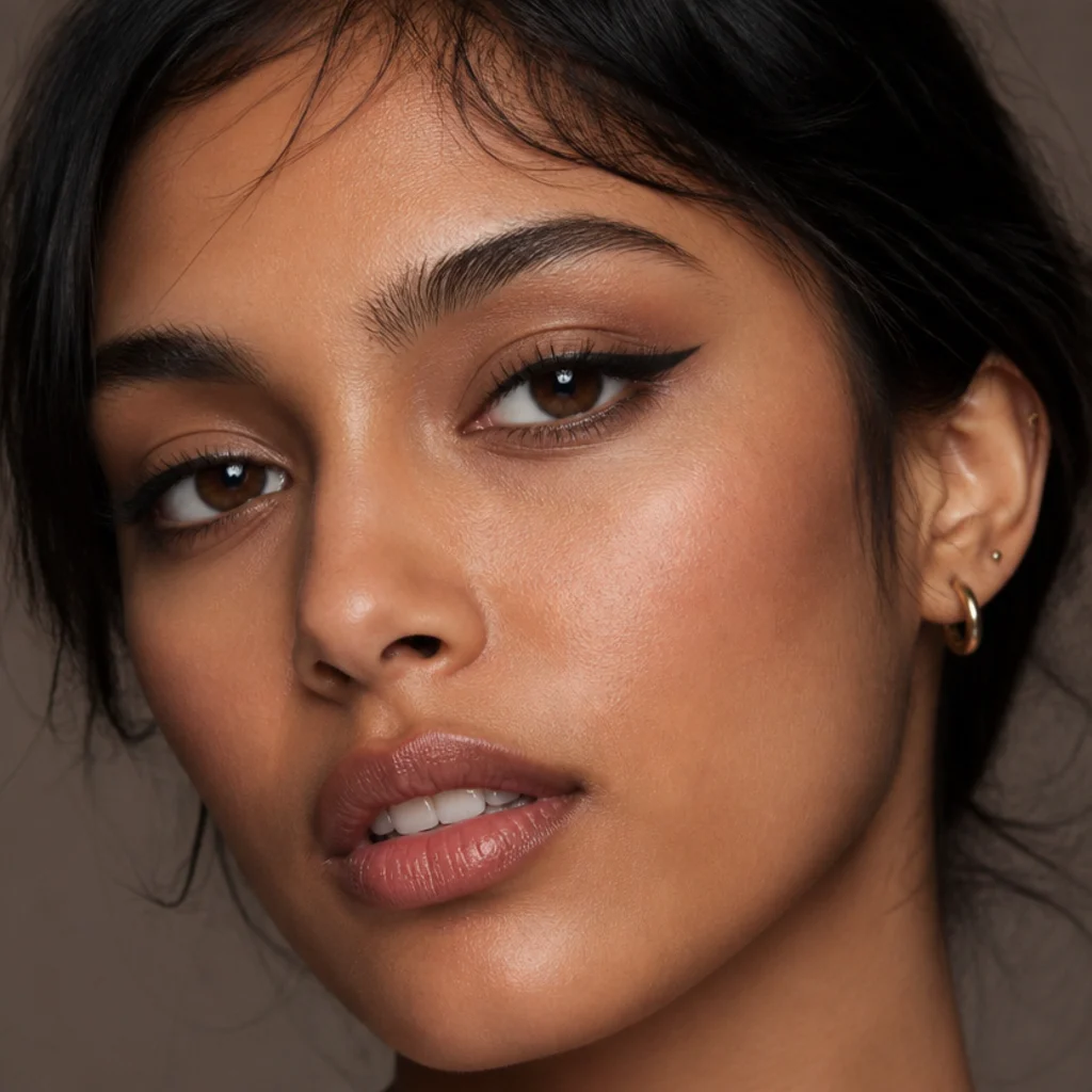 Round eyes with a thin lid line and an elongated horizontal wing stretching the shape outward, sleek low tail, taupe background