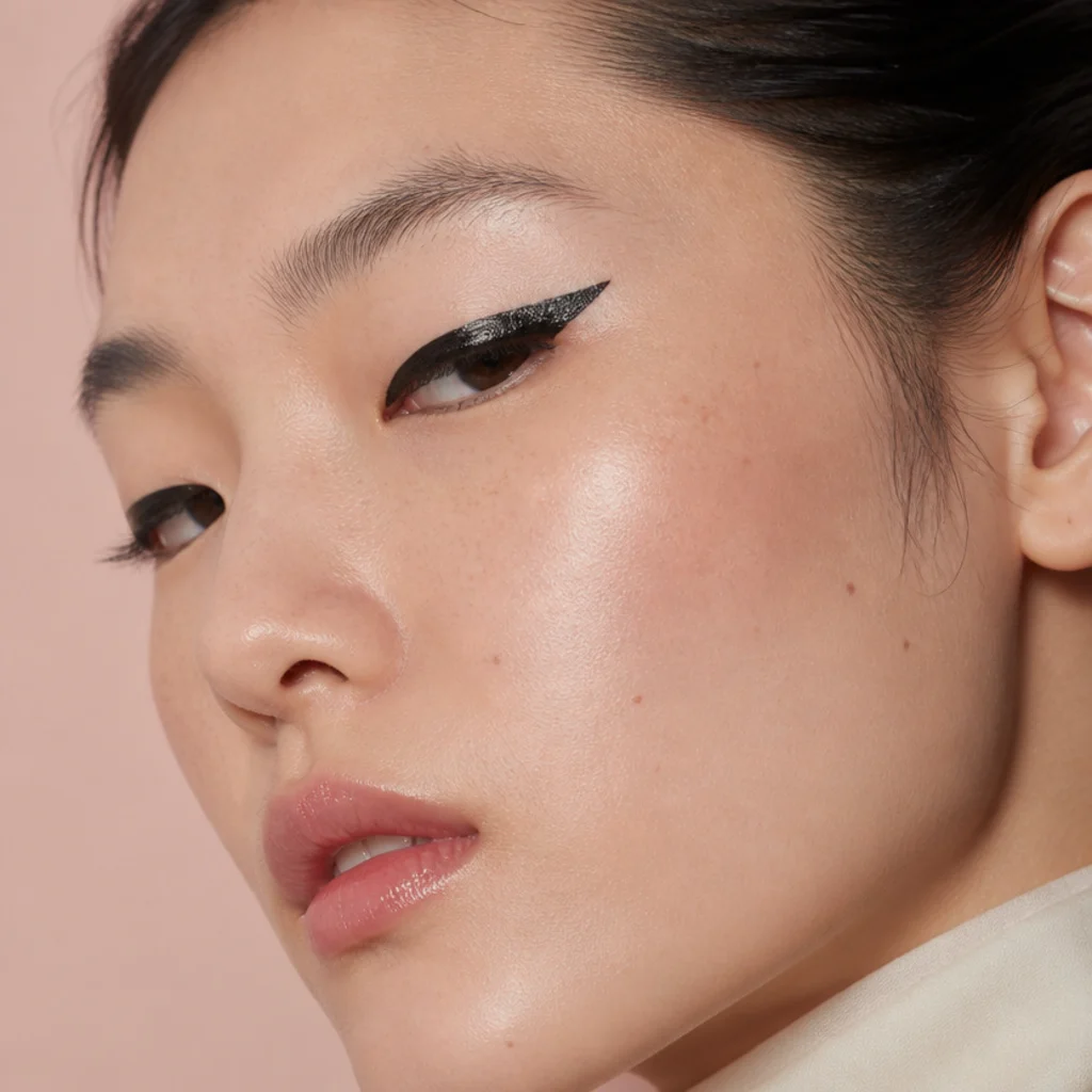 Monolid eyes with a thick graphic flick drawn deliberately heavy to stay visible when open, strong even lash line, blush background