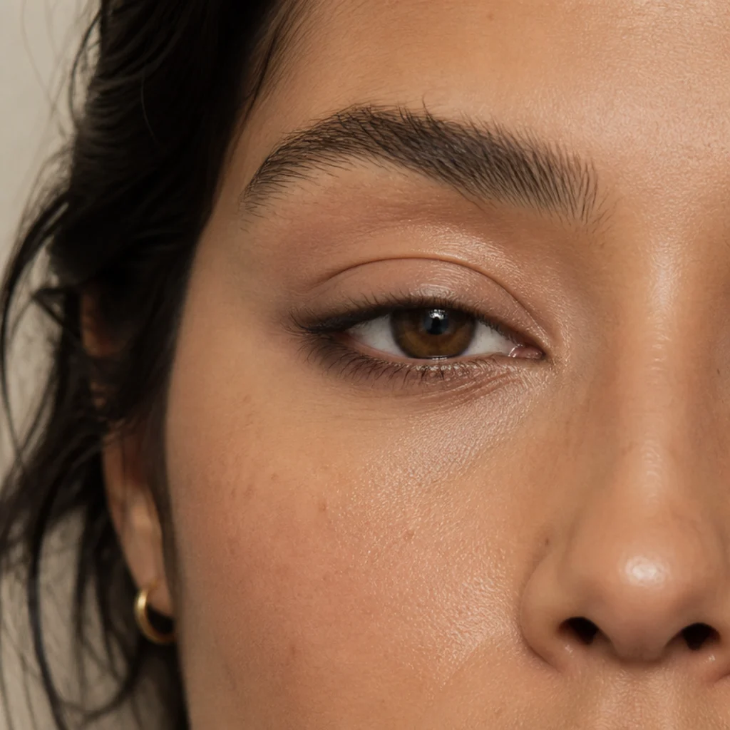 Hooded eyes with soft smoked liner focused on the outer two-thirds of the lower lash line and outer corner, diffused edges, minimal upper lid, ivory background